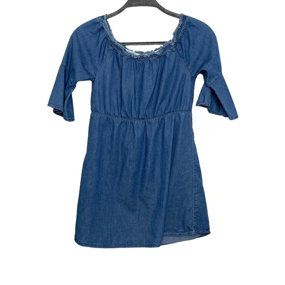 Justice Girls Dress Size 12 Blue Chambray Denim A Line Flare Bell Sleeve - Picture 2 of 6